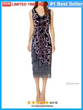 Vintage 1920s Peacock Sequin Flapper Dress Gatsby Party V-Neck